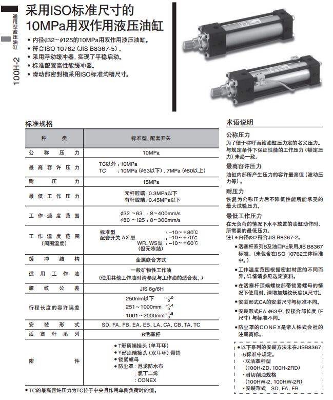 太阳铁工液压缸100H-2系列规格图